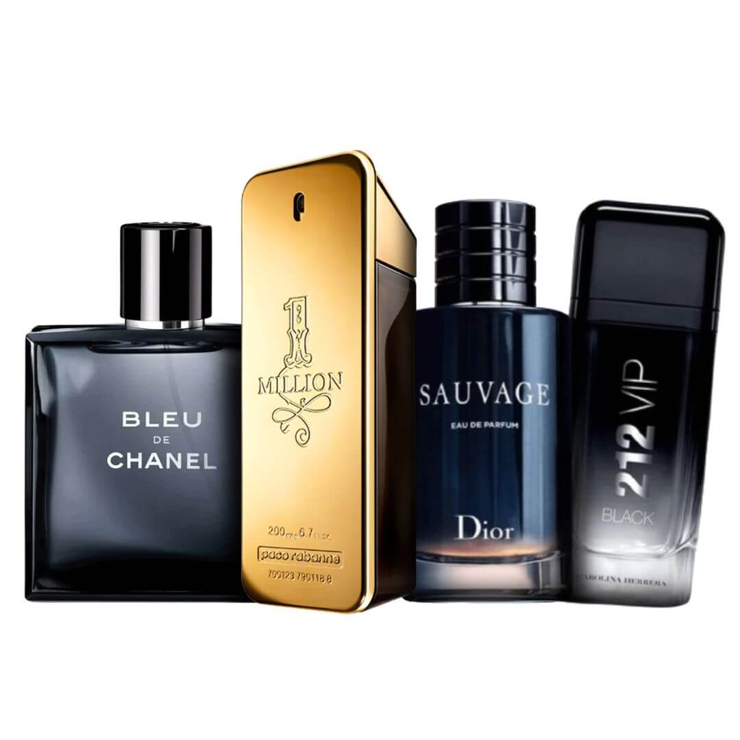 PROMOÇÃO COMPRE 1 LEVE 4 - Blue Chanel, Sauvage Dior, 212 Vip Black e 1 Million - 100ml Cada